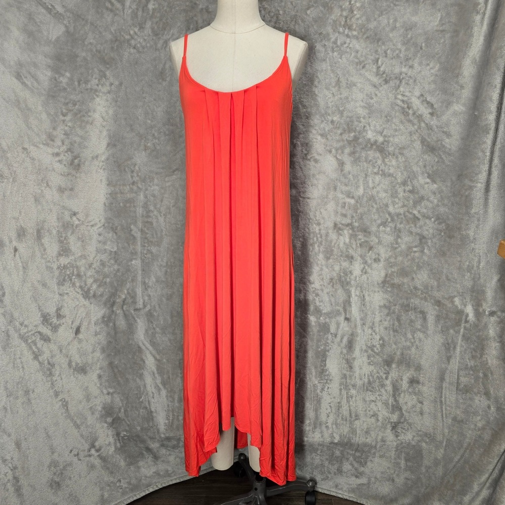 Nicole Miller Dress Womens L Orange High Low Pleated Spaghetti Strap Stretchy
